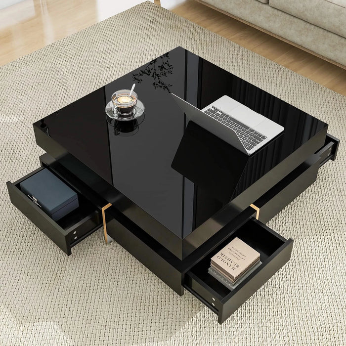 ON-TREND Modern High Gloss Coffee Table with 4 Drawers, Multi-Storage Square Cocktail Tea Table with Wood Grain Legs, Center Table for Living Room, 31.5''x31.5'', Black Default -DTYStore