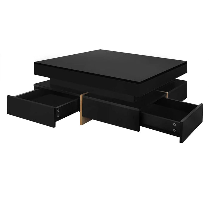 ON-TREND Modern High Gloss Coffee Table with 4 Drawers, Multi-Storage Square Cocktail Tea Table with Wood Grain Legs, Center Table for Living Room, 31.5''x31.5'', Black Default -DTYStore