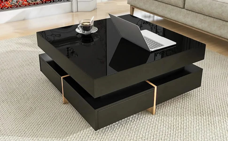 ON-TREND Modern High Gloss Coffee Table with 4 Drawers, Multi-Storage Square Cocktail Tea Table with Wood Grain Legs, Center Table for Living Room, 31.5''x31.5'', Black Default -DTYStore