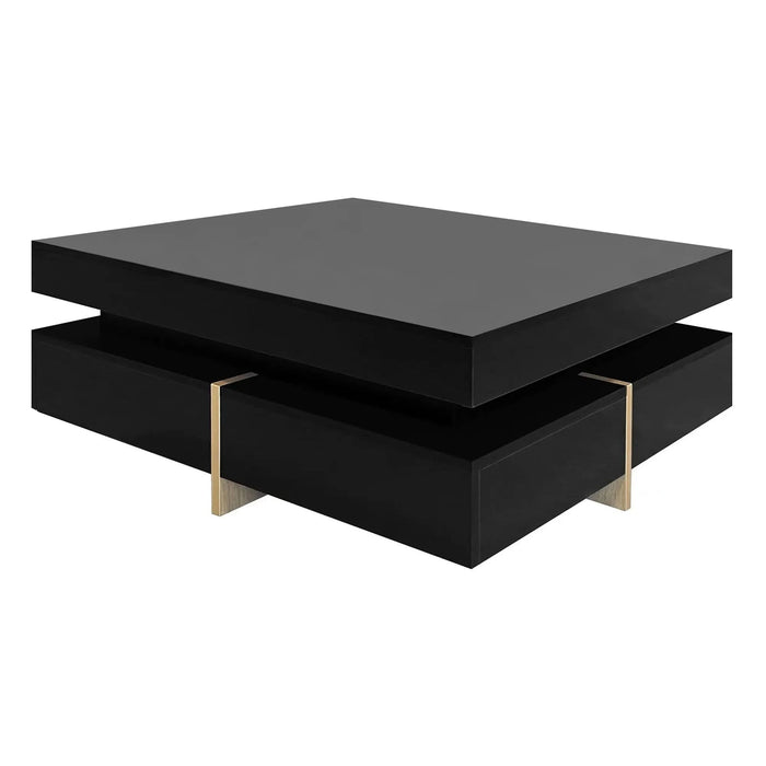 ON-TREND Modern High Gloss Coffee Table with 4 Drawers, Multi-Storage Square Cocktail Tea Table with Wood Grain Legs, Center Table for Living Room, 31.5''x31.5'', Black Default -DTYStore