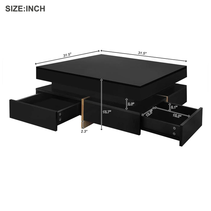 ON-TREND Modern High Gloss Coffee Table with 4 Drawers, Multi-Storage Square Cocktail Tea Table with Wood Grain Legs, Center Table for Living Room, 31.5''x31.5'', Black Default -DTYStore