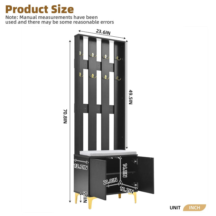ON-TREND Modern Luxury 4-in-1 Hall Tree with Cushion, Versatile Coat Rack with 8 Gold Hooks and Legs, Entryway Bench with Adjustable Shelves & Fluted Doors for Hallway, Living Room, Black, 23.6'*70.8' Default -DTYStore