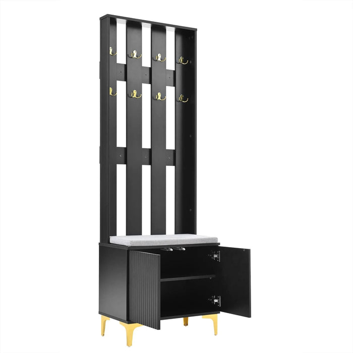 ON-TREND Modern Luxury 4-in-1 Hall Tree with Cushion, Versatile Coat Rack with 8 Gold Hooks and Legs, Entryway Bench with Adjustable Shelves & Fluted Doors for Hallway, Living Room, Black, 23.6'*70.8' Default -DTYStore