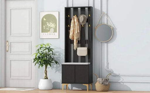 ON-TREND Modern Luxury 4-in-1 Hall Tree with Cushion, Versatile Coat Rack with 8 Gold Hooks and Legs, Entryway Bench with Adjustable Shelves & Fluted Doors for Hallway, Living Room, Black, 23.6'*70.8' Default -DTYStore