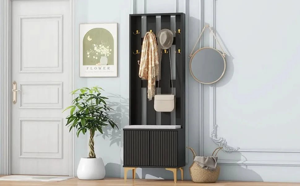 ON-TREND Modern Luxury 4-in-1 Hall Tree with Cushion, Versatile Coat Rack with 8 Gold Hooks and Legs, Entryway Bench with Adjustable Shelves & Fluted Doors for Hallway, Living Room, Black, 23.6'*70.8' Default -DTYStore