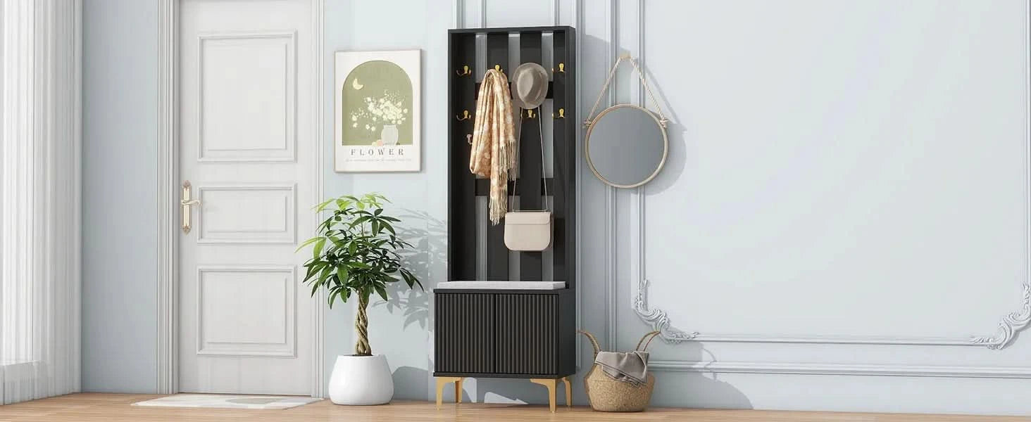 ON-TREND Modern Luxury 4-in-1 Hall Tree with Cushion, Versatile Coat Rack with 8 Gold Hooks and Legs, Entryway Bench with Adjustable Shelves & Fluted Doors for Hallway, Living Room, Black, 23.6'*70.8' Default -DTYStore