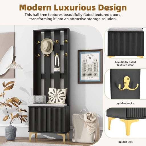 ON-TREND Modern Luxury 4-in-1 Hall Tree with Cushion, Versatile Coat Rack with 8 Gold Hooks and Legs, Entryway Bench with Adjustable Shelves & Fluted Doors for Hallway, Living Room, Black, 23.6'*70.8' Default -DTYStore