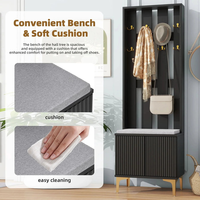 ON-TREND Modern Luxury 4-in-1 Hall Tree with Cushion, Versatile Coat Rack with 8 Gold Hooks and Legs, Entryway Bench with Adjustable Shelves & Fluted Doors for Hallway, Living Room, Black, 23.6'*70.8' Default -DTYStore