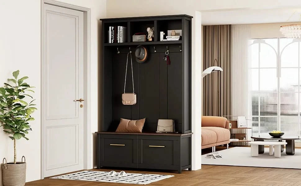 ON-TREND Versatile 4-in-1 Hall Tree with 6 Golden Hooks, Wood Grain Bench with Multiple Storage Space, Entryway Coat Rack with 2 Drawers for Living Room, Hallway, Black, 76.6''H (OLD SKU:N721S000034B) Default -DTYStore