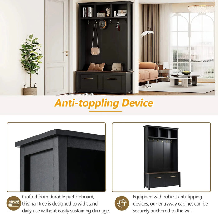 ON-TREND Versatile 4-in-1 Hall Tree with 6 Golden Hooks, Wood Grain Bench with Multiple Storage Space, Entryway Coat Rack with 2 Drawers for Living Room, Hallway, Black, 76.6''H (OLD SKU:N721S000034B) Default -DTYStore
