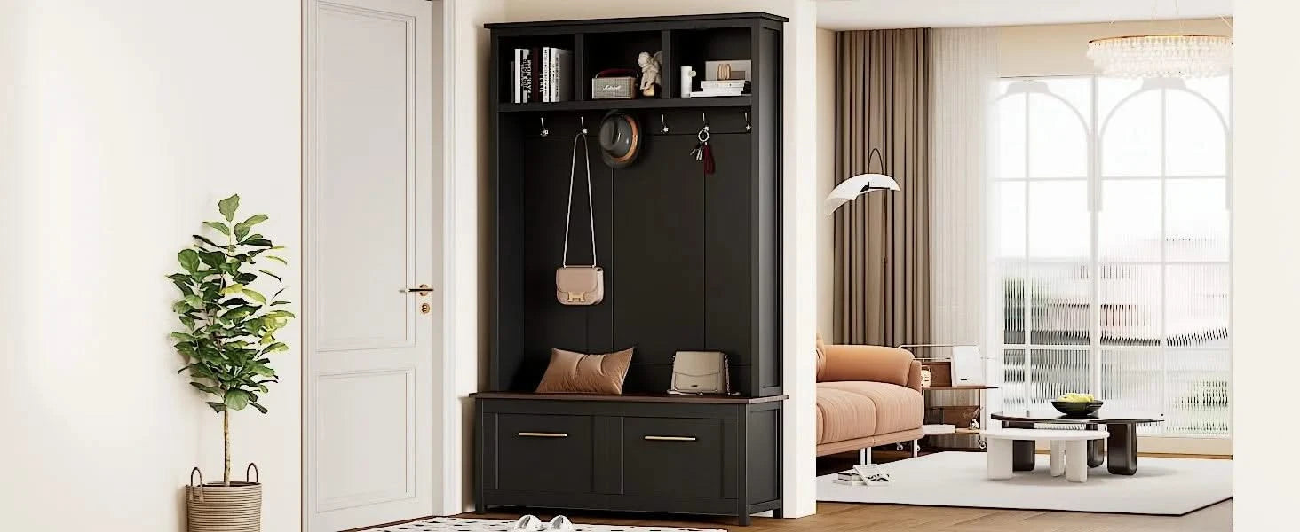 ON-TREND Versatile 4-in-1 Hall Tree with 6 Golden Hooks, Wood Grain Bench with Multiple Storage Space, Entryway Coat Rack with 2 Drawers for Living Room, Hallway, Black, 76.6''H (OLD SKU:N721S000034B) Default -DTYStore