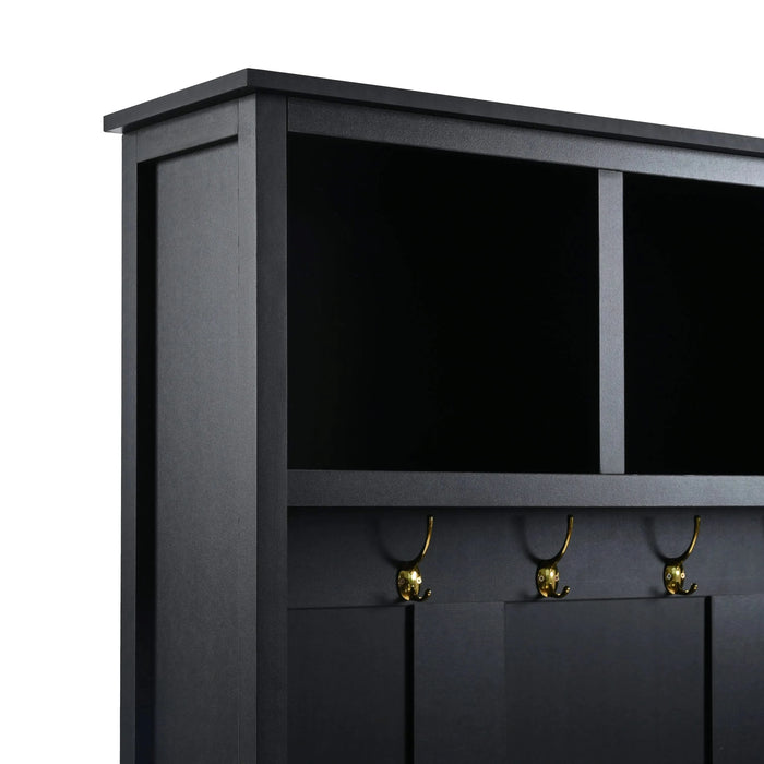 ON-TREND Versatile 4-in-1 Hall Tree with 6 Golden Hooks, Wood Grain Bench with Multiple Storage Space, Entryway Coat Rack with 2 Drawers for Living Room, Hallway, Black, 76.6''H (OLD SKU:N721S000034B) Default -DTYStore