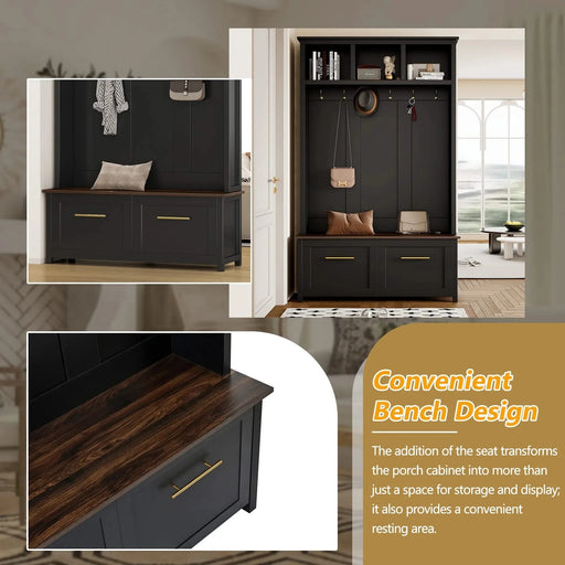 ON-TREND Versatile 4-in-1 Hall Tree with 6 Golden Hooks, Wood Grain Bench with Multiple Storage Space, Entryway Coat Rack with 2 Drawers for Living Room, Hallway, Black, 76.6''H (OLD SKU:N721S000034B) Default -DTYStore