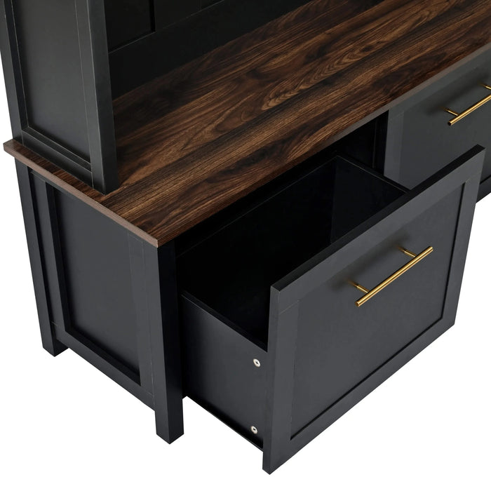 ON-TREND Versatile 4-in-1 Hall Tree with 6 Golden Hooks, Wood Grain Bench with Multiple Storage Space, Entryway Coat Rack with 2 Drawers for Living Room, Hallway, Black, 76.6''H (OLD SKU:N721S000034B) Default -DTYStore