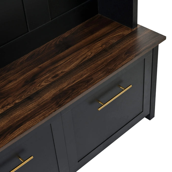 ON-TREND Versatile 4-in-1 Hall Tree with 6 Golden Hooks, Wood Grain Bench with Multiple Storage Space, Entryway Coat Rack with 2 Drawers for Living Room, Hallway, Black, 76.6''H (OLD SKU:N721S000034B) Default -DTYStore
