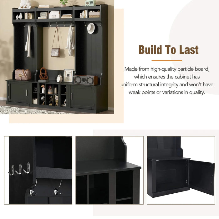 ON-TREND Wide Design Hall Tree with Storage and Bench, 4-IN-1 Multi-functional Entryway Bench with Coat Rack and Shoe Cubbies, Practical Furniture for Hallway, Black(OLD SKU: SD000025AAB) Default -DTYStore