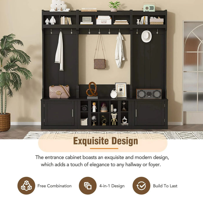 ON-TREND Wide Design Hall Tree with Storage and Bench, 4-IN-1 Multi-functional Entryway Bench with Coat Rack and Shoe Cubbies, Practical Furniture for Hallway, Black(OLD SKU: SD000025AAB) Default -DTYStore