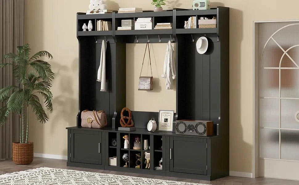 ON-TREND Wide Design Hall Tree with Storage and Bench, 4-IN-1 Multi-functional Entryway Bench with Coat Rack and Shoe Cubbies, Practical Furniture for Hallway, Black(OLD SKU: SD000025AAB) Default -DTYStore