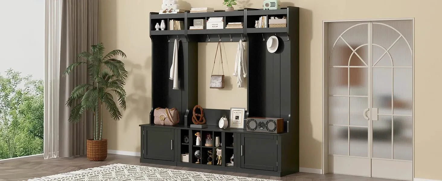 ON-TREND Wide Design Hall Tree with Storage and Bench, 4-IN-1 Multi-functional Entryway Bench with Coat Rack and Shoe Cubbies, Practical Furniture for Hallway, Black(OLD SKU: SD000025AAB) Default -DTYStore