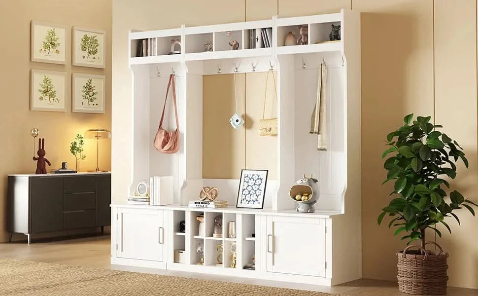 ON-TREND Wide Design Hall Tree with Storage and Bench, 4-IN-1 Multi-functional Entryway Bench with Coat Rack and Shoe Cubbies, Practical Furniture for Hallway, White(OLD SKU: SD000025AAK) Default -DTYStore