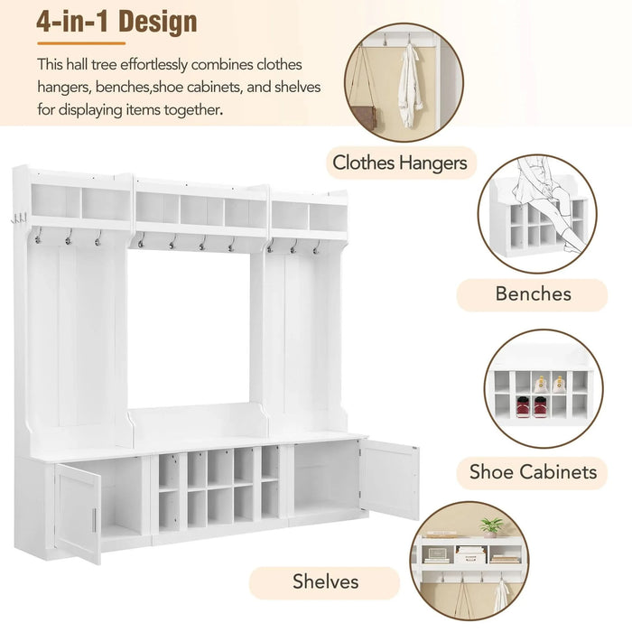 ON-TREND Wide Design Hall Tree with Storage and Bench, 4-IN-1 Multi-functional Entryway Bench with Coat Rack and Shoe Cubbies, Practical Furniture for Hallway, White(OLD SKU: SD000025AAK) Default -DTYStore