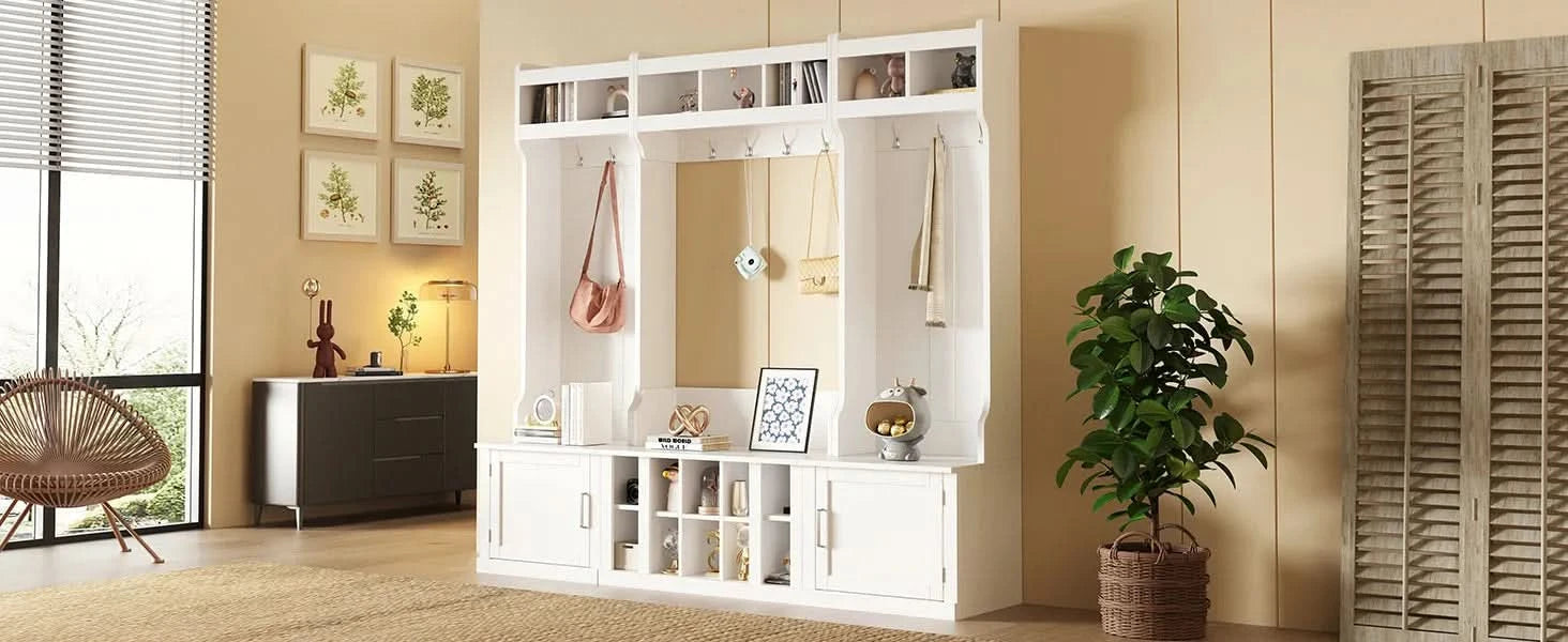ON-TREND Wide Design Hall Tree with Storage and Bench, 4-IN-1 Multi-functional Entryway Bench with Coat Rack and Shoe Cubbies, Practical Furniture for Hallway, White(OLD SKU: SD000025AAK) Default -DTYStore