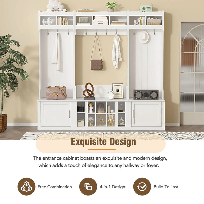 ON-TREND Wide Design Hall Tree with Storage and Bench, 4-IN-1 Multi-functional Entryway Bench with Coat Rack and Shoe Cubbies, Practical Furniture for Hallway, White(OLD SKU: SD000025AAK) Default -DTYStore
