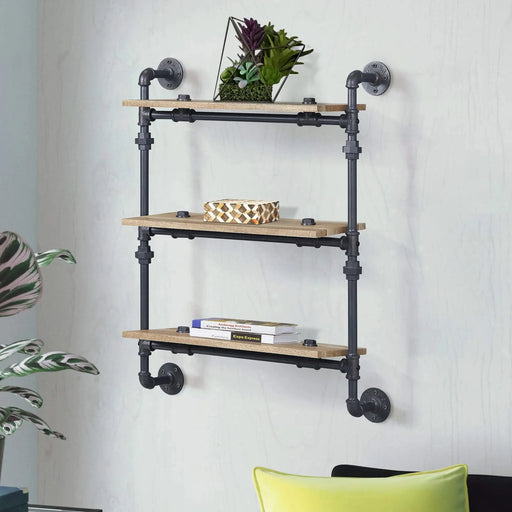 Oak and Sandy Black Rectangle 3-Tier Wall Shelf Default -DTYStore