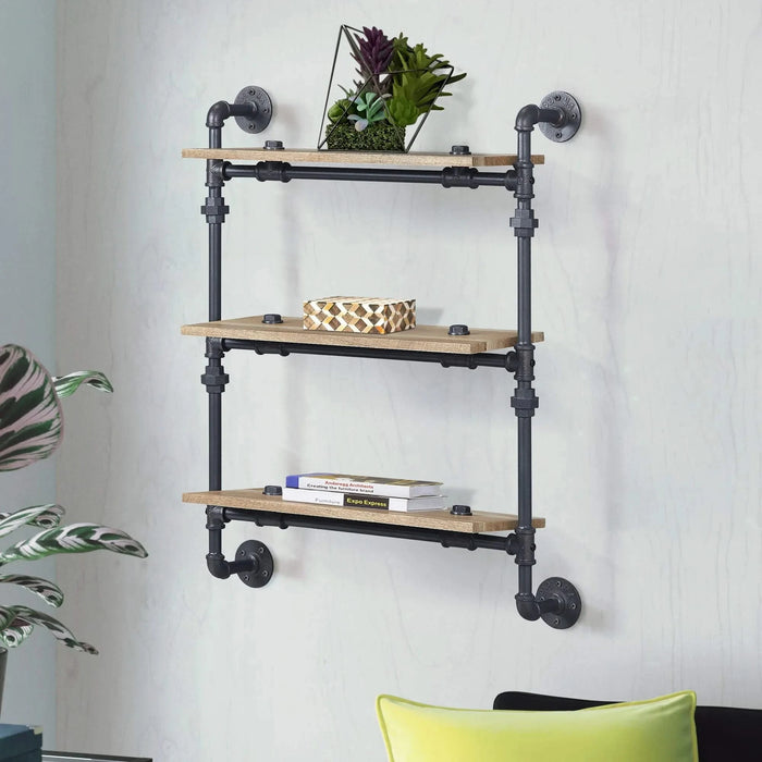 Oak and Sandy Black Rectangle 3-Tier Wall Shelf Default -DTYStore