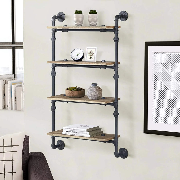 Oak and Sandy Black Rectangle 4-tier Wall Shelf Default -DTYStore