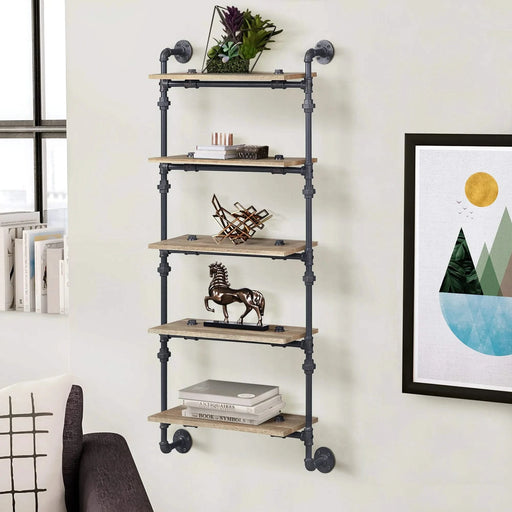 Oak and Sandy Black Rectangle 5-Tier Wall Shelf Default -DTYStore