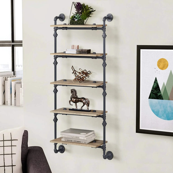 Oak and Sandy Black Rectangle 5-Tier Wall Shelf Default -DTYStore
