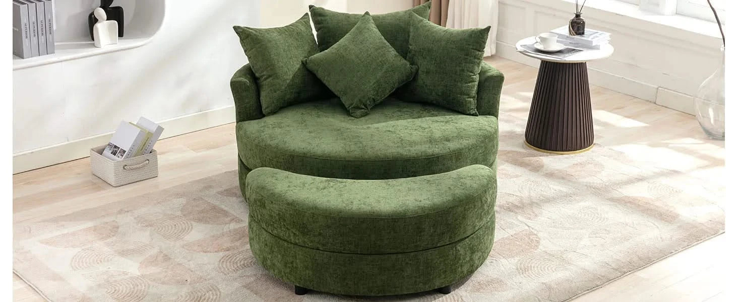 Orisfur Modern Chenille 360° Swivel Accent Barrel Chair with Storage Ottoman & 4 Pillows, Green Default -DTYStore