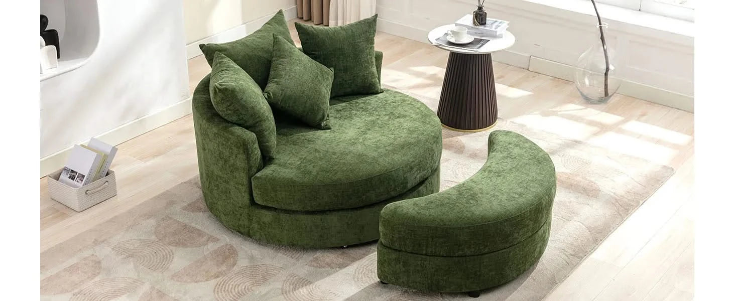 Orisfur Modern Chenille 360° Swivel Accent Barrel Chair with Storage Ottoman & 4 Pillows, Green Default -DTYStore