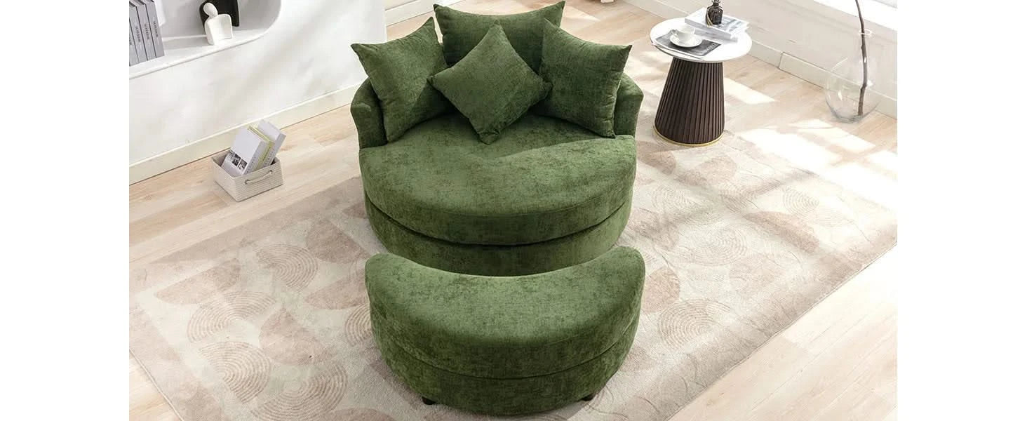 Orisfur Modern Chenille 360° Swivel Accent Barrel Chair with Storage Ottoman & 4 Pillows, Green Default -DTYStore