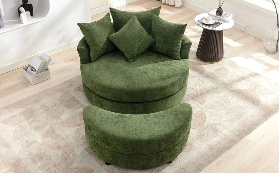 Orisfur Modern Chenille 360° Swivel Accent Barrel Chair with Storage Ottoman & 4 Pillows, Green Default -DTYStore