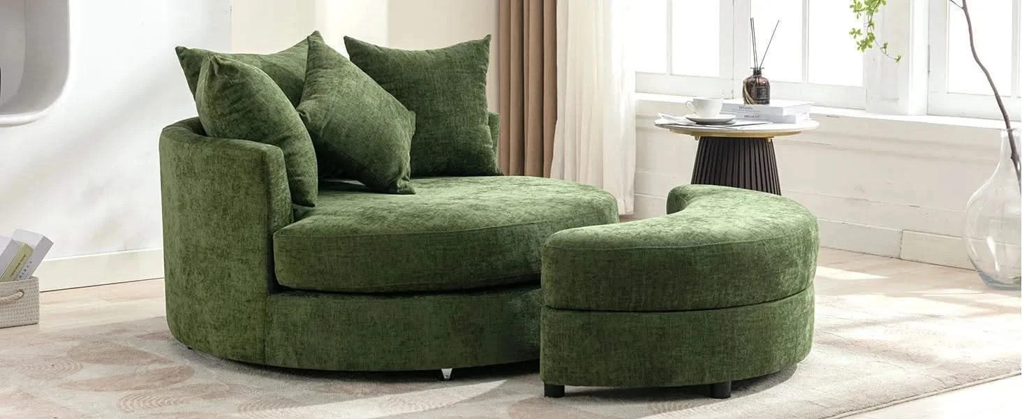 Orisfur Modern Chenille 360° Swivel Accent Barrel Chair with Storage Ottoman & 4 Pillows, Green Default -DTYStore
