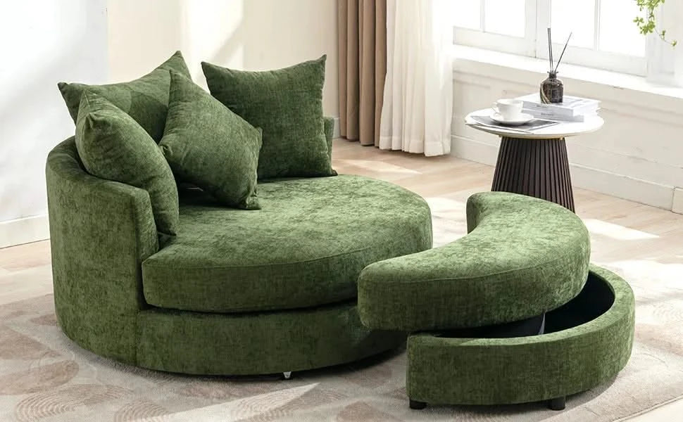 Orisfur Modern Chenille 360° Swivel Accent Barrel Chair with Storage Ottoman & 4 Pillows, Green Default -DTYStore
