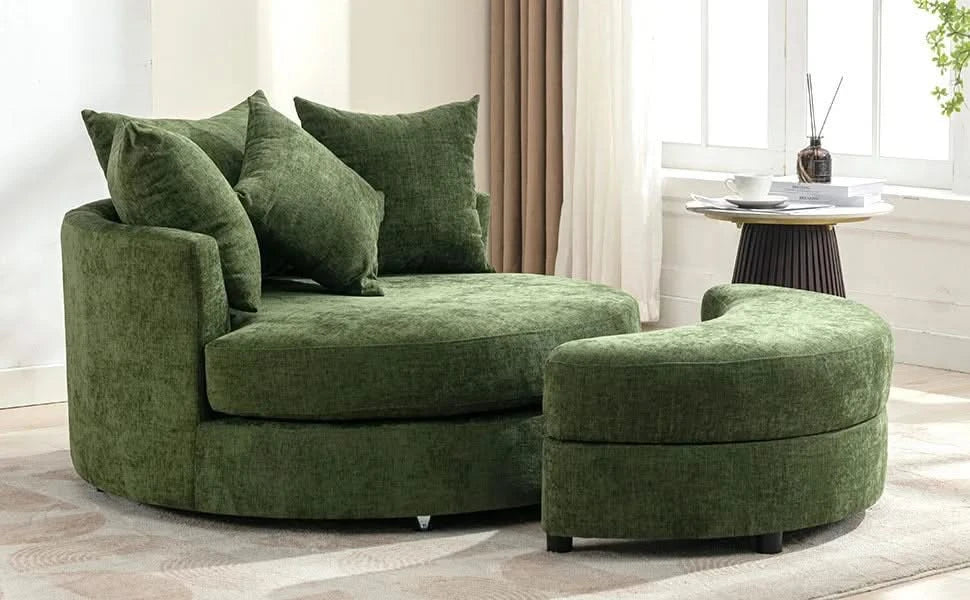 Orisfur Modern Chenille 360° Swivel Accent Barrel Chair with Storage Ottoman & 4 Pillows, Green Default -DTYStore