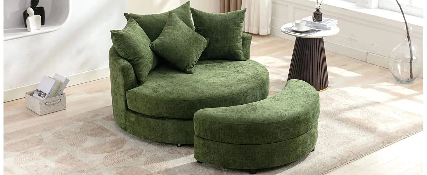 Orisfur Modern Chenille 360° Swivel Accent Barrel Chair with Storage Ottoman & 4 Pillows, Green Default -DTYStore