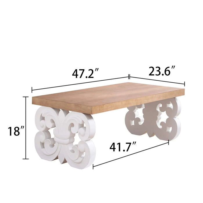 Ornate Wood Coffee Table – 47' Rectangular Farmhouse Style Table with White Carved Base and Natural Wood Top – Living Room Accent Table – Elegant Centerpiece for Modern or Traditional Decor Default -DTYStore