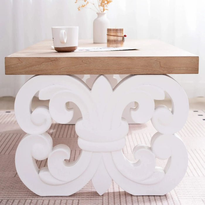 Ornate Wood Coffee Table – 47' Rectangular Farmhouse Style Table with White Carved Base and Natural Wood Top – Living Room Accent Table – Elegant Centerpiece for Modern or Traditional Decor Default -DTYStore