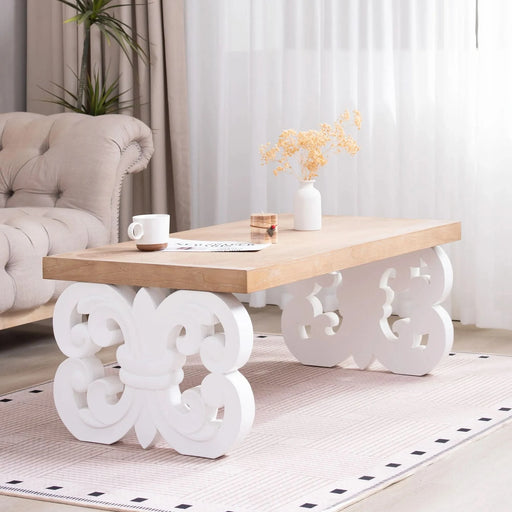 Ornate Wood Coffee Table – 47' Rectangular Farmhouse Style Table with White Carved Base and Natural Wood Top – Living Room Accent Table – Elegant Centerpiece for Modern or Traditional Decor Default -DTYStore