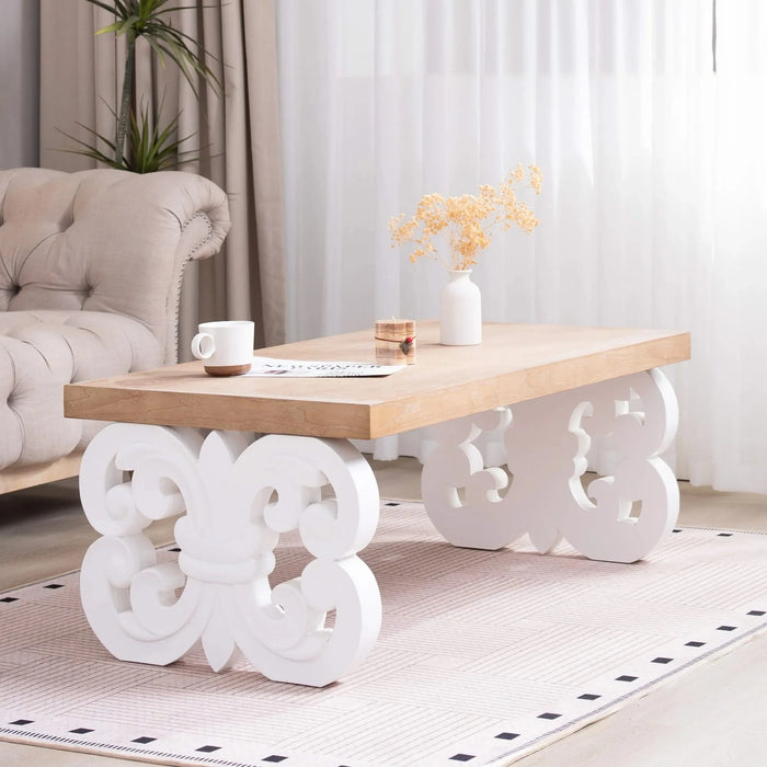 Ornate Wood Coffee Table – 47' Rectangular Farmhouse Style Table with White Carved Base and Natural Wood Top – Living Room Accent Table – Elegant Centerpiece for Modern or Traditional Decor Default -DTYStore