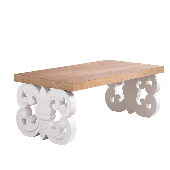 Ornate Wood Coffee Table – 47' Rectangular Farmhouse Style Table with White Carved Base and Natural Wood Top – Living Room Accent Table – Elegant Centerpiece for Modern or Traditional Decor Default -DTYStore