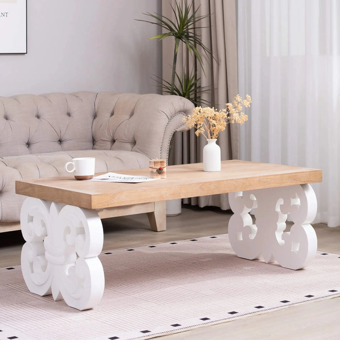 Ornate Wood Coffee Table – 47' Rectangular Farmhouse Style Table with White Carved Base and Natural Wood Top – Living Room Accent Table – Elegant Centerpiece for Modern or Traditional Decor Default -DTYStore