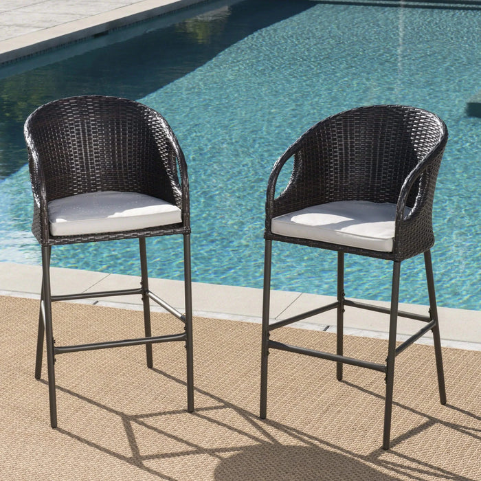 Outdoor 31' PE Rattan Barstools with Waterproof Cushions, Set of 2, Multibrown Default -DTYStore
