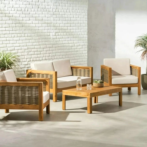 Outdoor 4 Seater Acacia Wood Chat Set with Wicker Accents and Cushions, Teak Finish + Mixed Brown + Beige Default -DTYStore