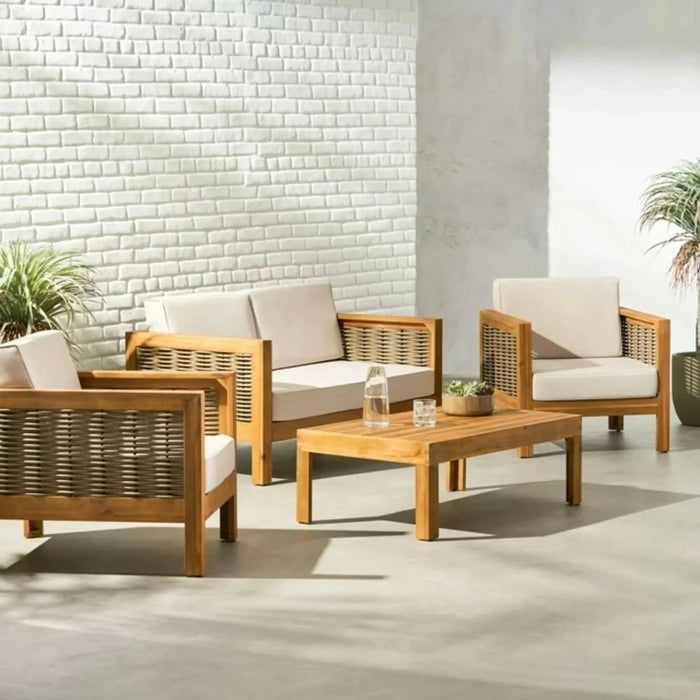 Outdoor 4 Seater Acacia Wood Chat Set with Wicker Accents and Cushions, Teak Finish + Mixed Brown + Beige Default -DTYStore