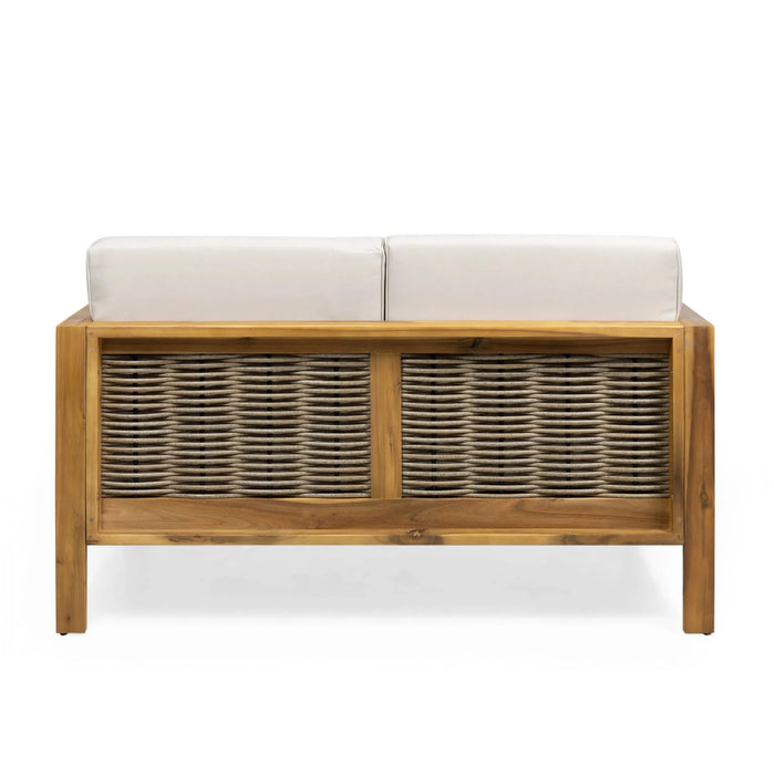 Outdoor 4 Seater Acacia Wood Chat Set with Wicker Accents and Cushions, Teak Finish + Mixed Brown + Beige Default -DTYStore